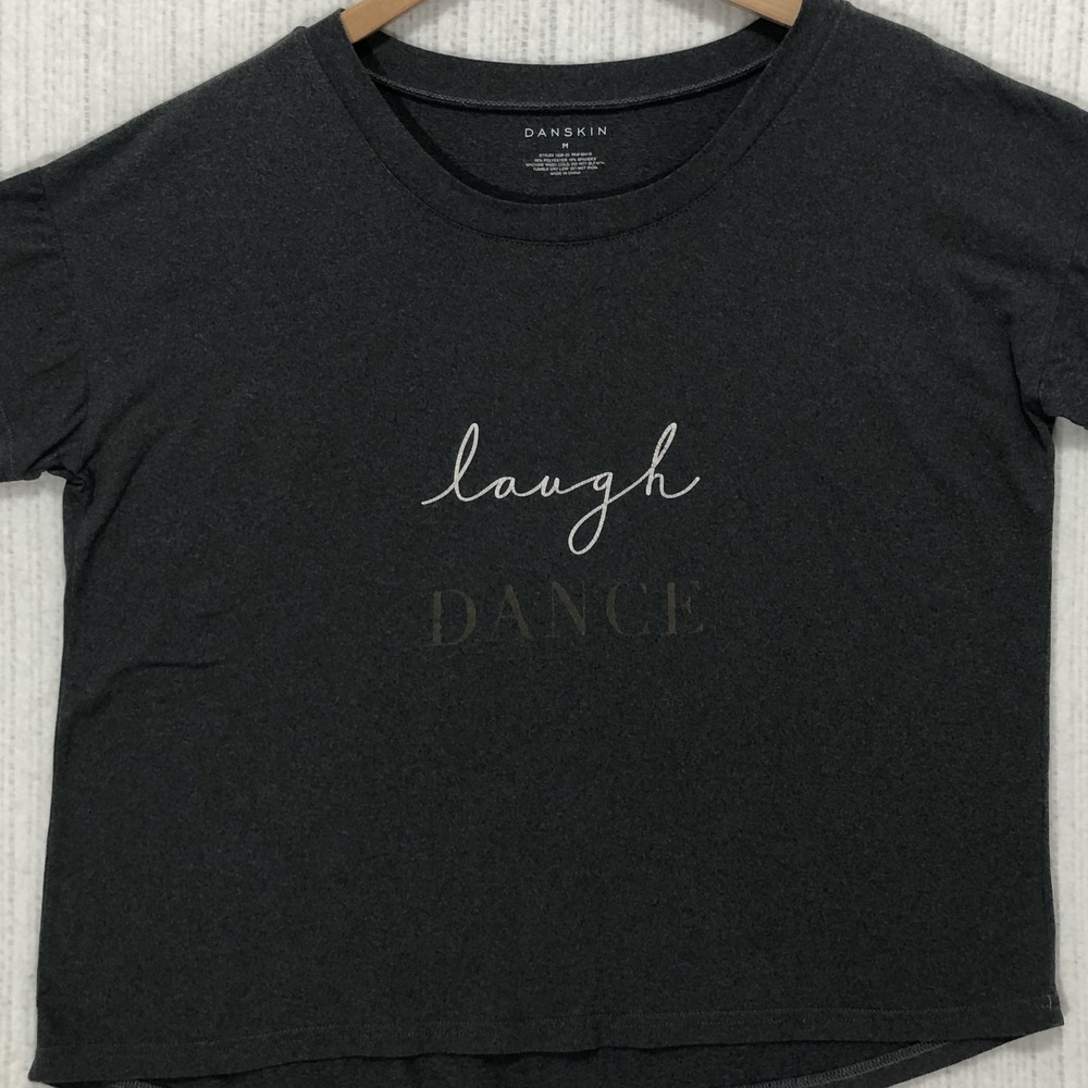 Danskin Womens Laugh Dance Graphic T-Shirt Charcoal Grey Flutter Sleeve M